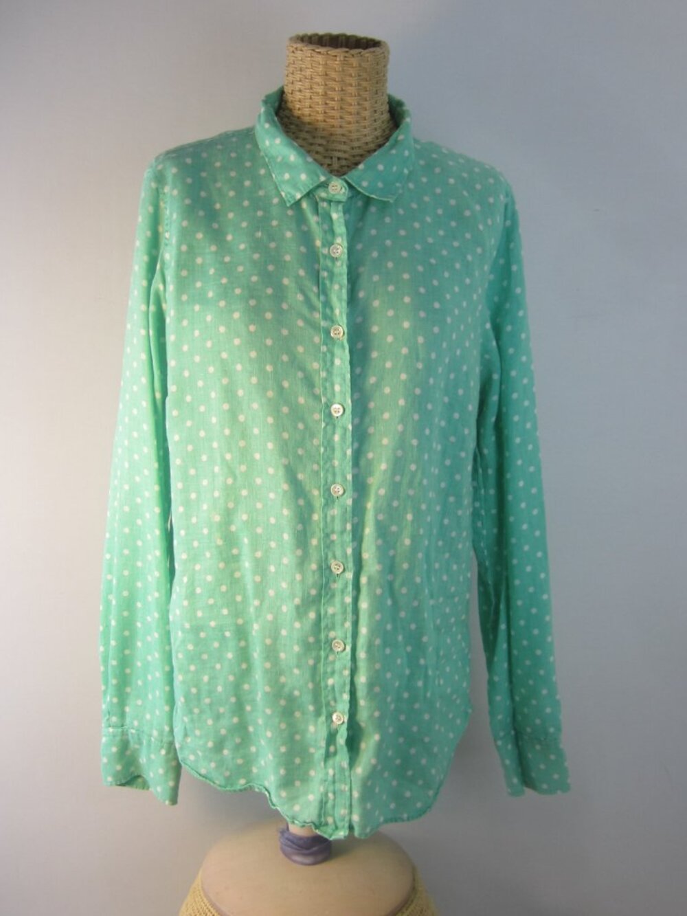 J Crew Women 12 Mint Green White Polka Dot Perfect Linen Long Sleeve Shirt M